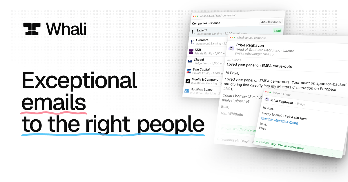 Previous Whali social card: Exceptional emails to the right people. Product preview showing lead generation, AI email composer, and inbox reply.