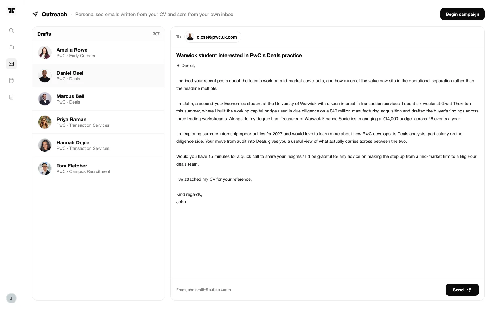 Whali outreach: personalised email drafts to recruiters, written from your CV and sent from your own inbox