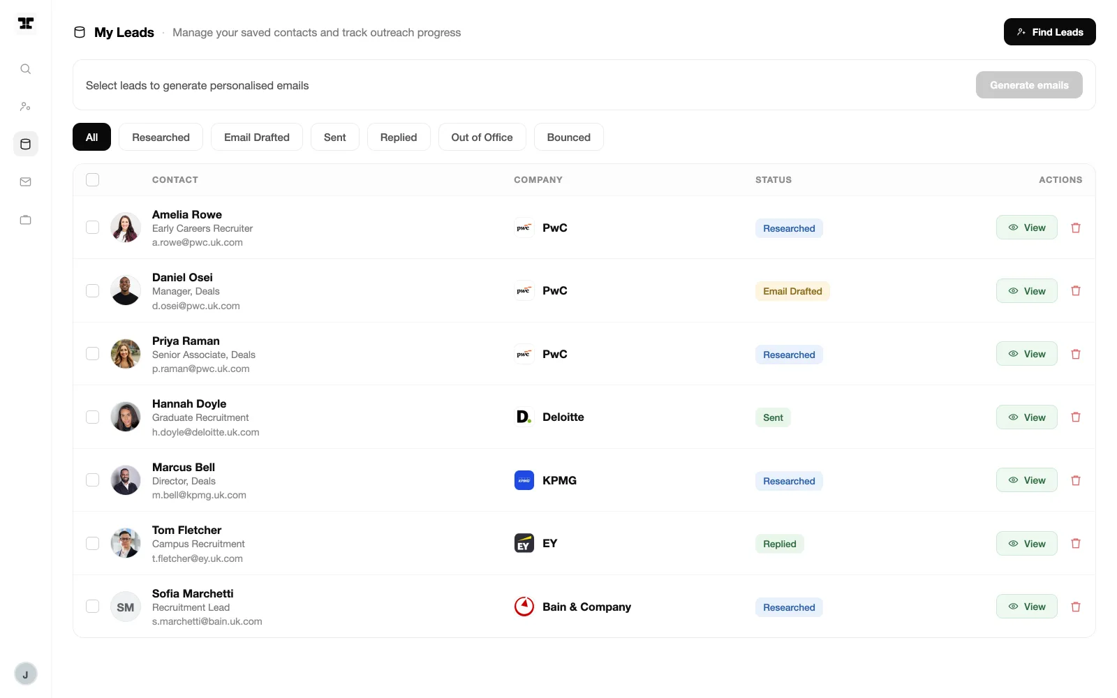 Whali leads list with verified recruiter email addresses and outreach status per contact