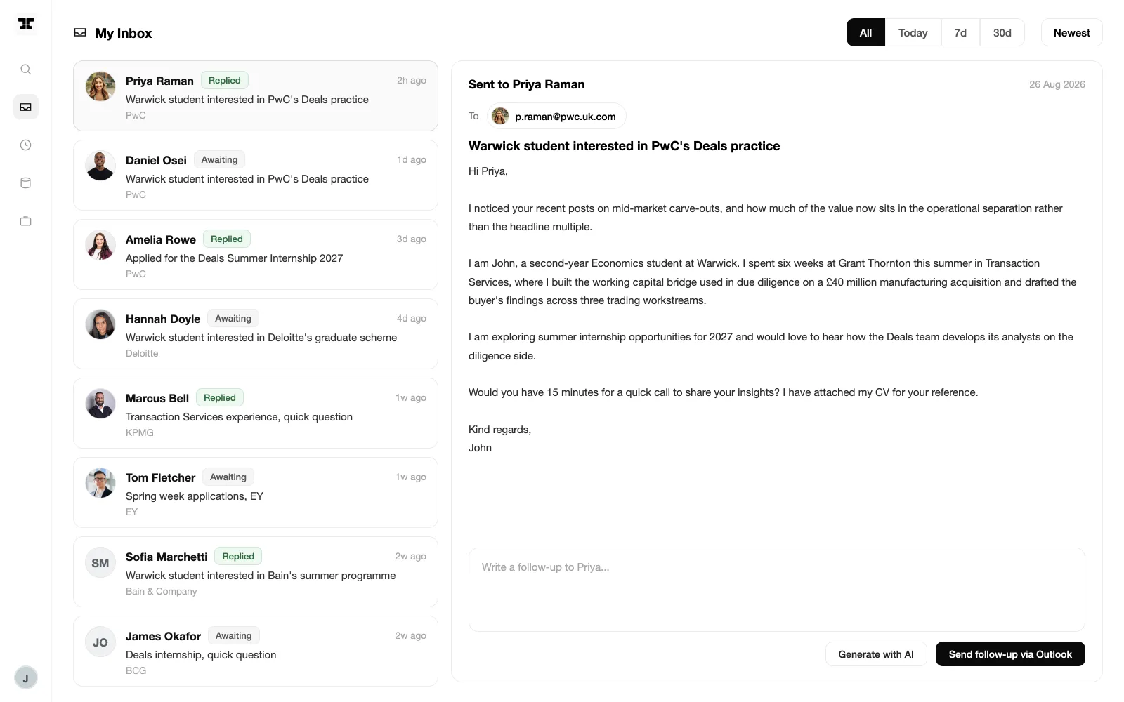 Whali unified inbox: replies from recruiters across connected mailboxes