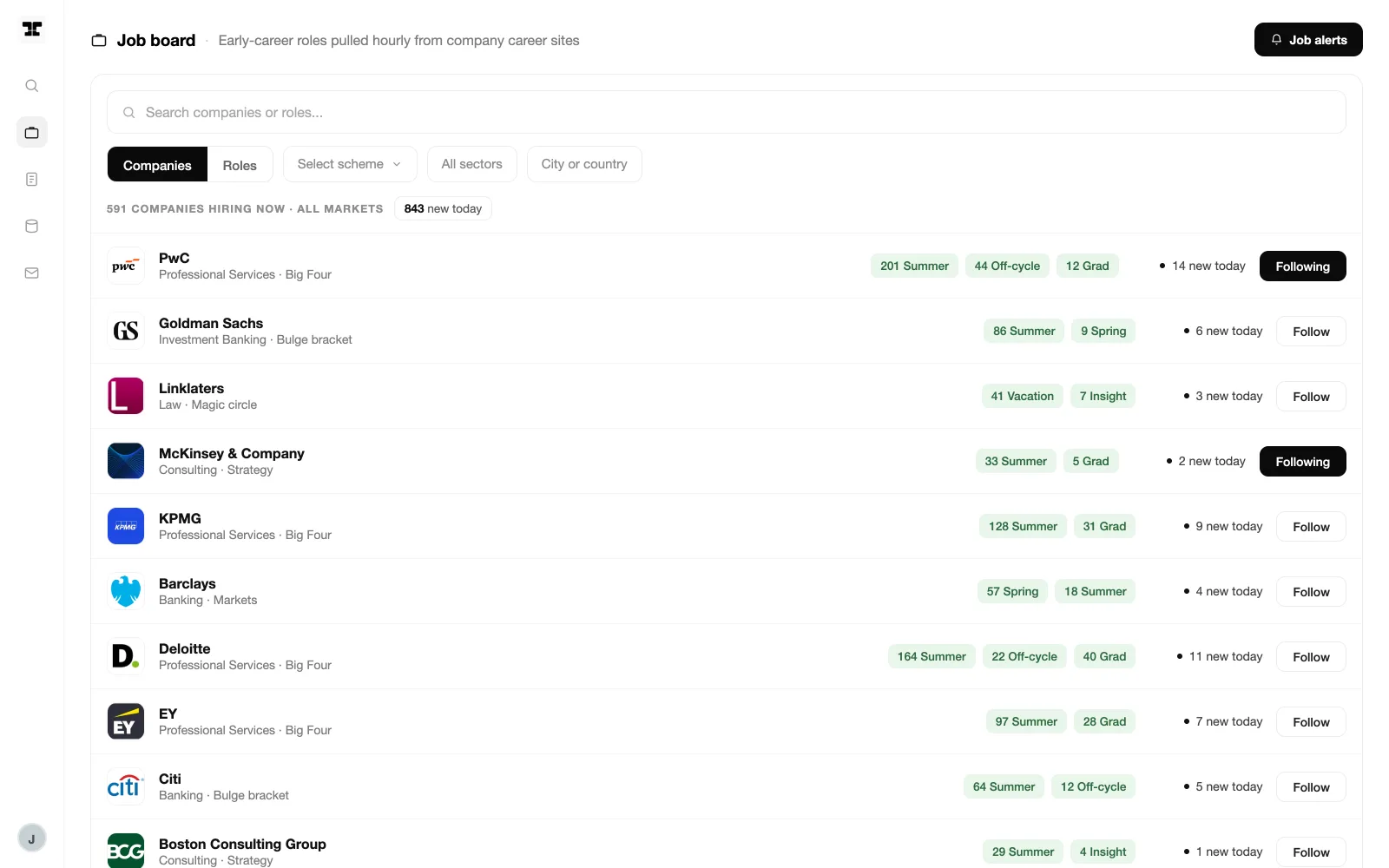 Whali job board: companies hiring now with live role counts, follow buttons and new-today badges