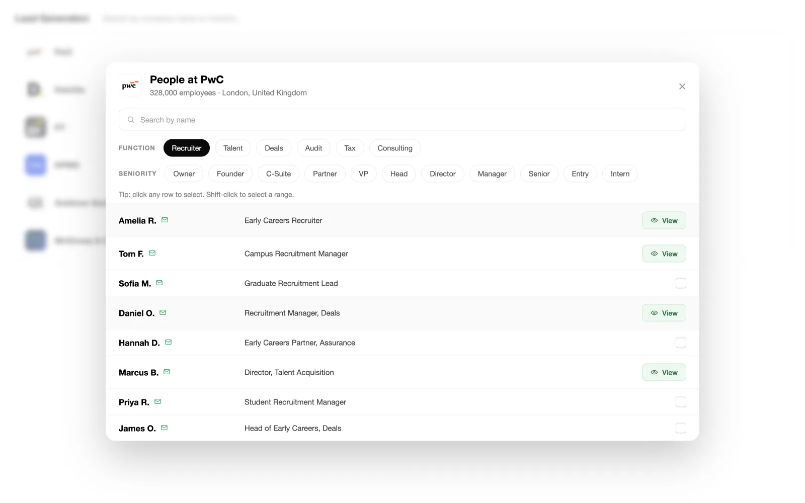 Whali recruiter search: decision-makers filtered by company, team and role