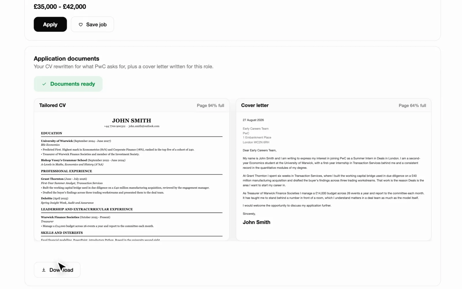Whali application documents: a tailored CV and cover letter generated for a specific role